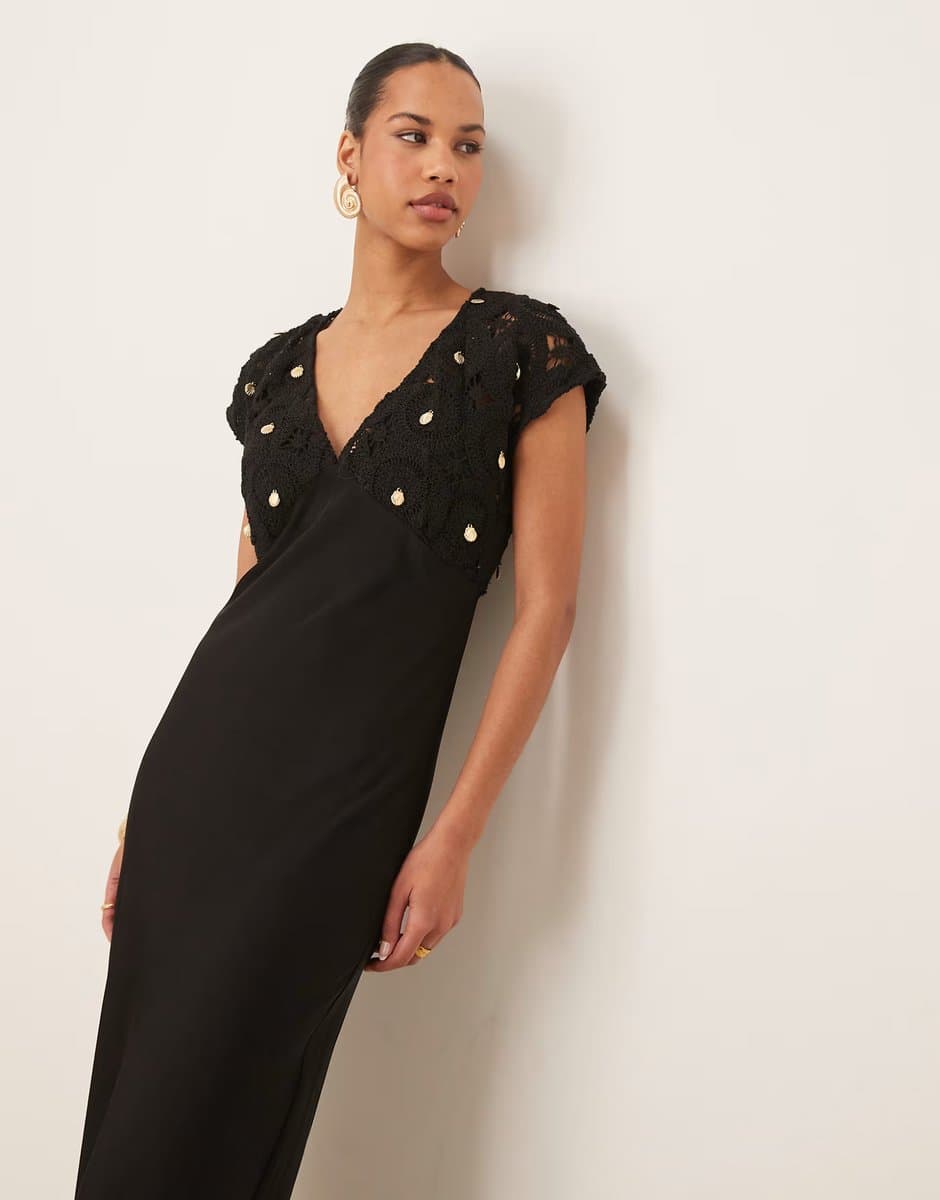 ASOS Never Fully Dressed crochet shell maxi dress in black