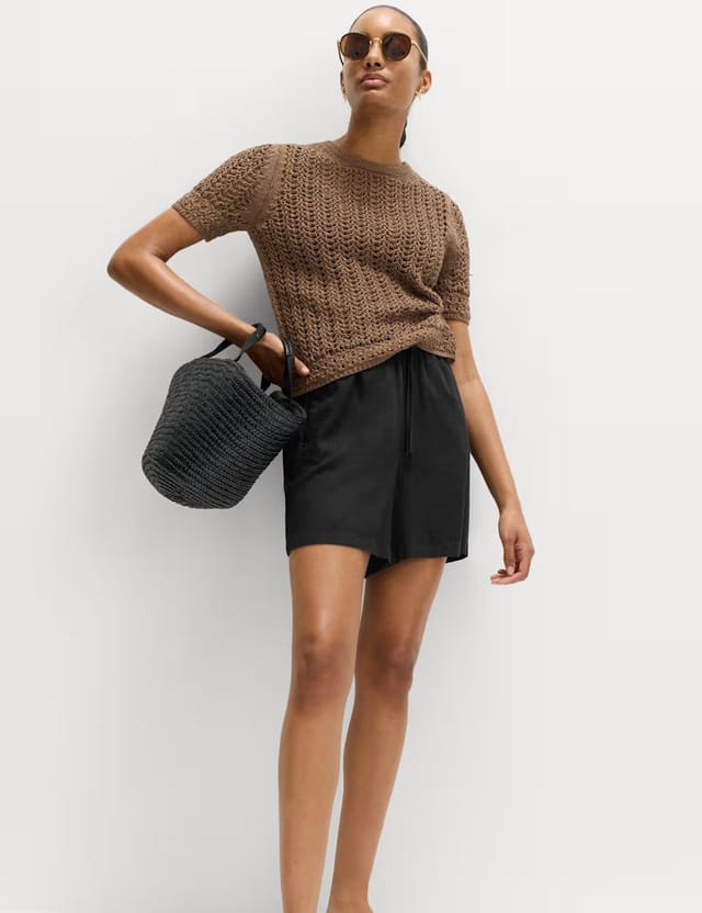 Marks & Spencer M&S Pull On High Waisted Shorts with Linen Black - 2