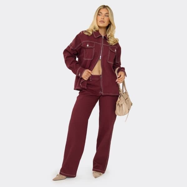 EGO Mid Rise Seam Detail Wide Leg Jeans In Burgundy Denim, Women's Size UK 6