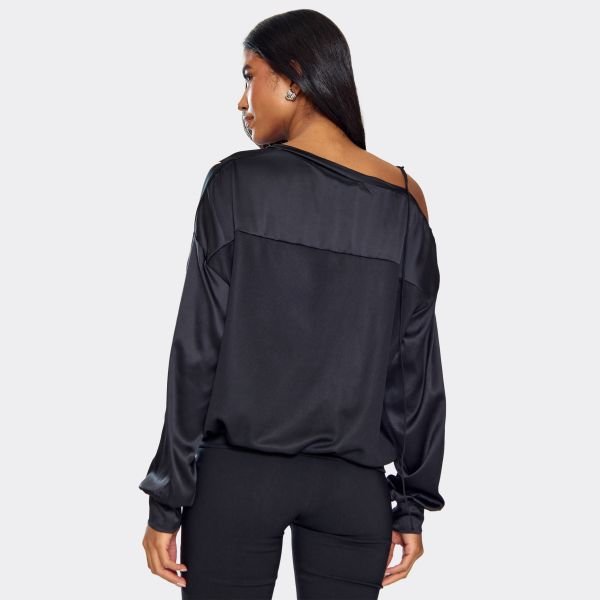 EGO Slash Neck Tie Detail Diamante Varsity Top In Black, Women's Size UK Large L - 2