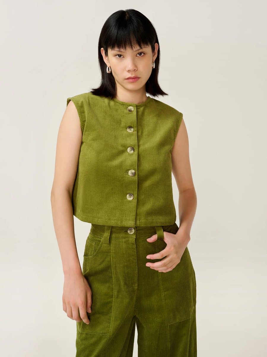OMNES OMNES Moss Green Cord Top with Button Front