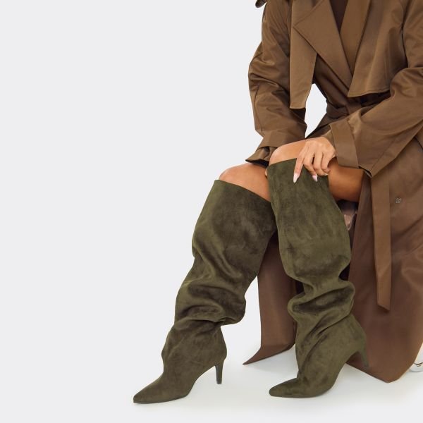 EGO Bride Pointed Toe Knee High Kitten Heel Boot In Khaki Faux Suede, Women's Size UK 3 - 2