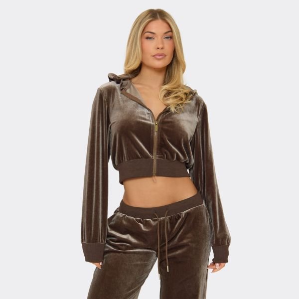 EGO Zip Up Hotfix Diamante Logo Hoodie In Chocolate Brown Velvet, Women's Size UK 6 - 1