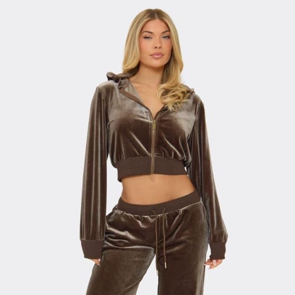 EGO Zip Up Hotfix Diamante Logo Hoodie In Chocolate Brown Velvet, Women's Size UK 6