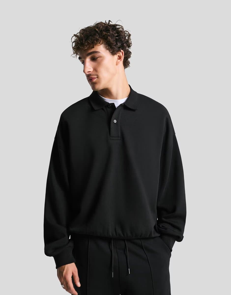 ASOS Bershka Polo collar sweatshirt in black