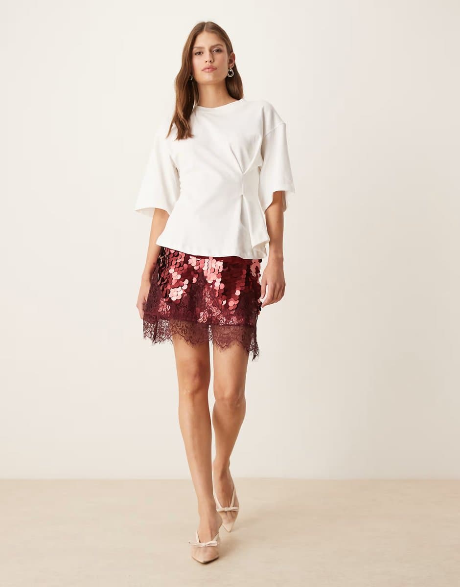 ASOS Never Fully Dressed Maeva mini skirt in large sequin in burgundy with lace trim
