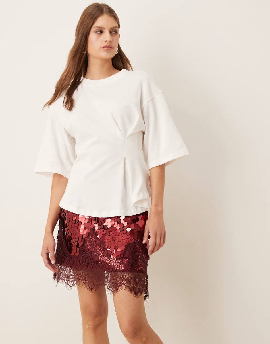ASOS Never Fully Dressed Maeva mini skirt in large sequin in burgundy with lace trim - 3