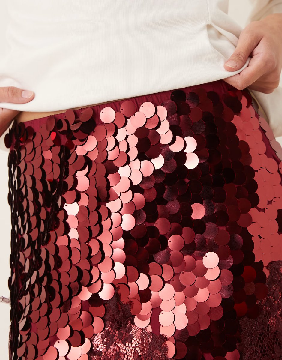 ASOS Never Fully Dressed Maeva mini skirt in large sequin in burgundy with lace trim - 4