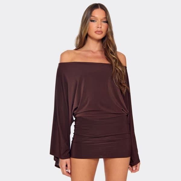 EGO Bardot Extreme Drape Sleeve Detail Mini Dress In Chocolate Brown, Women's Size UK 6