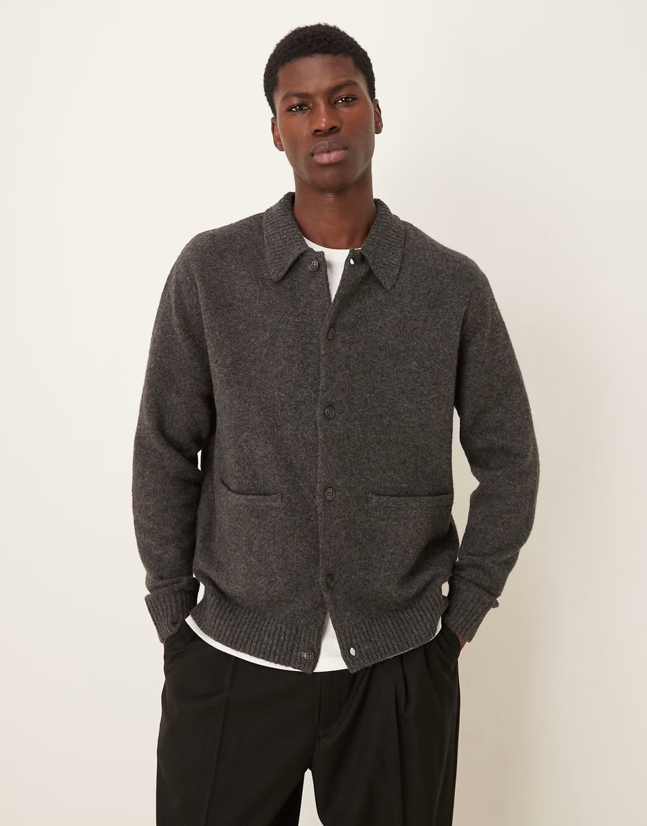 ASOS ASOS DESIGN relaxed knitted wool blend cardigan with front pockets in grey - 2