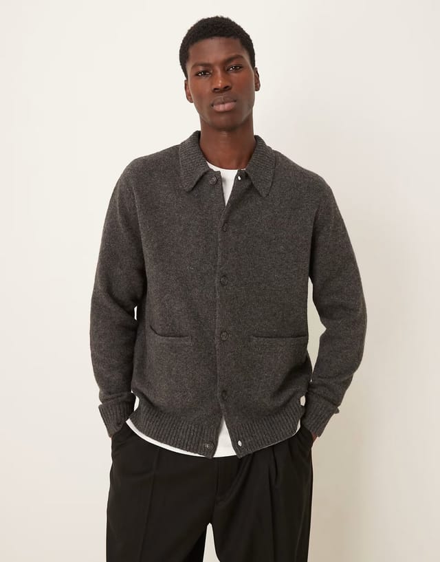 ASOS ASOS DESIGN relaxed knitted wool blend cardigan with front pockets in grey - 2