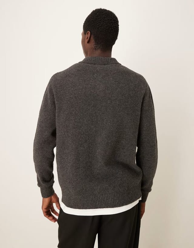 ASOS ASOS DESIGN relaxed knitted wool blend cardigan with front pockets in grey - 3