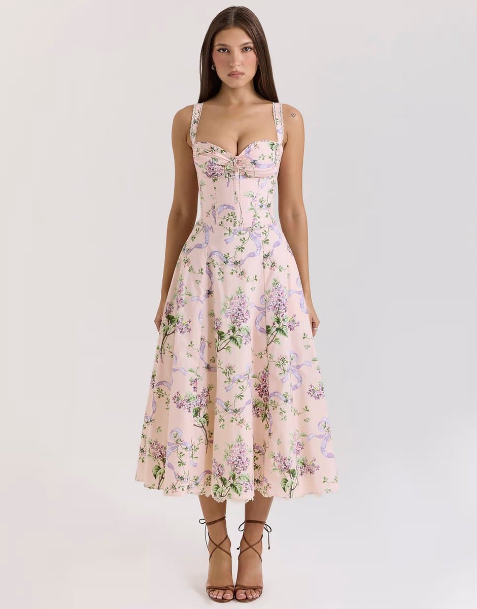 ASOS House of CB Rosalee corset midi dress in pink floral