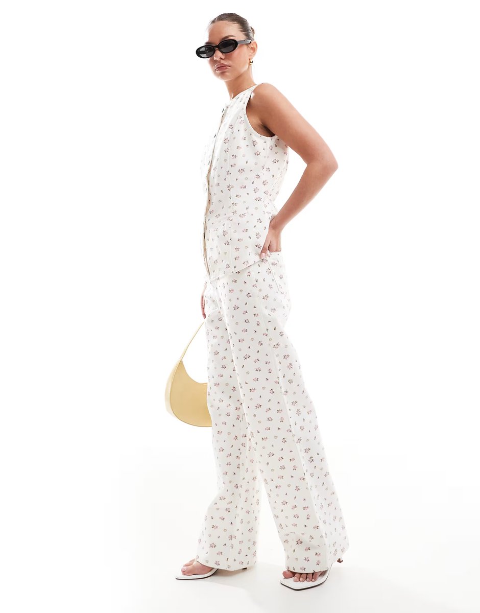 ASOS Threadbare co-ord wide leg jeans in white with pink ditsy print - 3