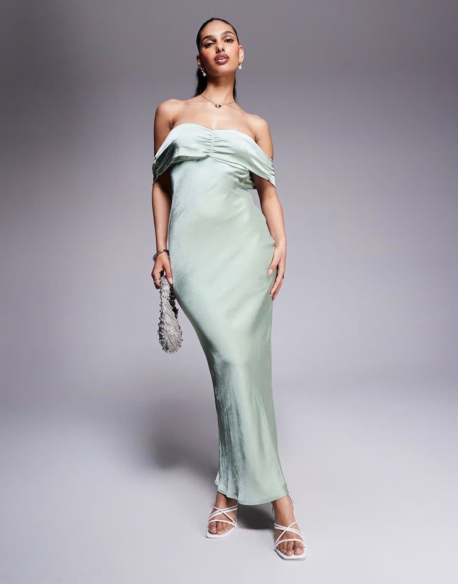 ASOS Princess Polly satin bardot ruched front detail maxi dress in sage