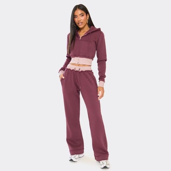 EGO Contrast Distressed Detail Drawstring Flared Joggers In Plum, Women's Size UK 6 - 1