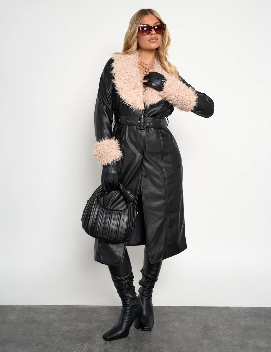 Public Desire Faux Fur Trim Belted Faux Leather Trench Coat Black - 4