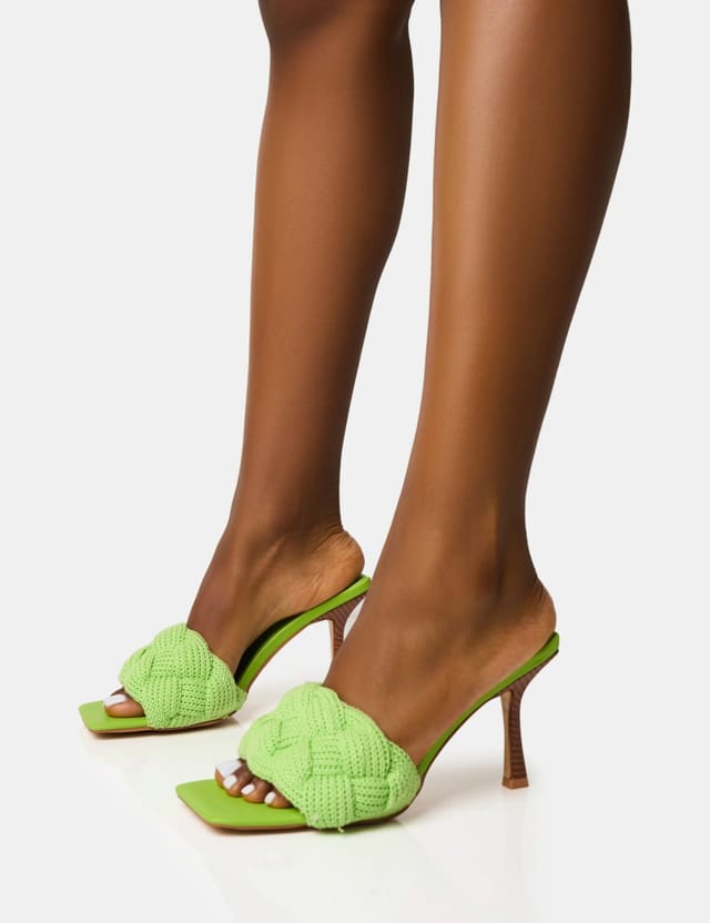 Public Desire Nectar Lime Wooden Stack Knitted Square Toe Heels - 3