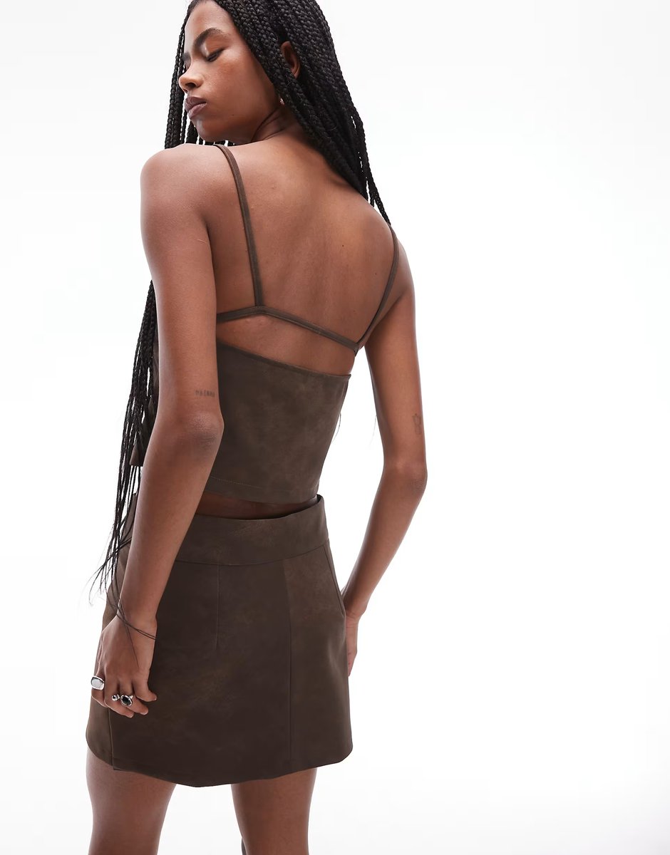 ASOS ASOS DESIGN mix & match textured leather look low rise micro mini skirt in chocolate - 3