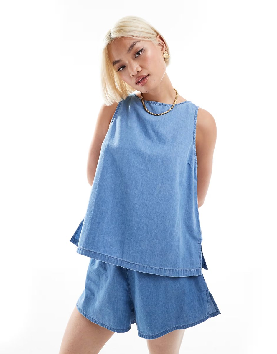 ASOS ASOS DESIGN soft denim vest top with tie back detail in mid blue co-ord - 3