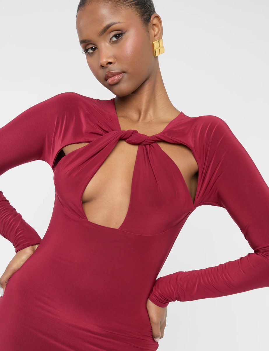 Public Desire Twist Detail Plunge Mini Dress Burgundy - 3