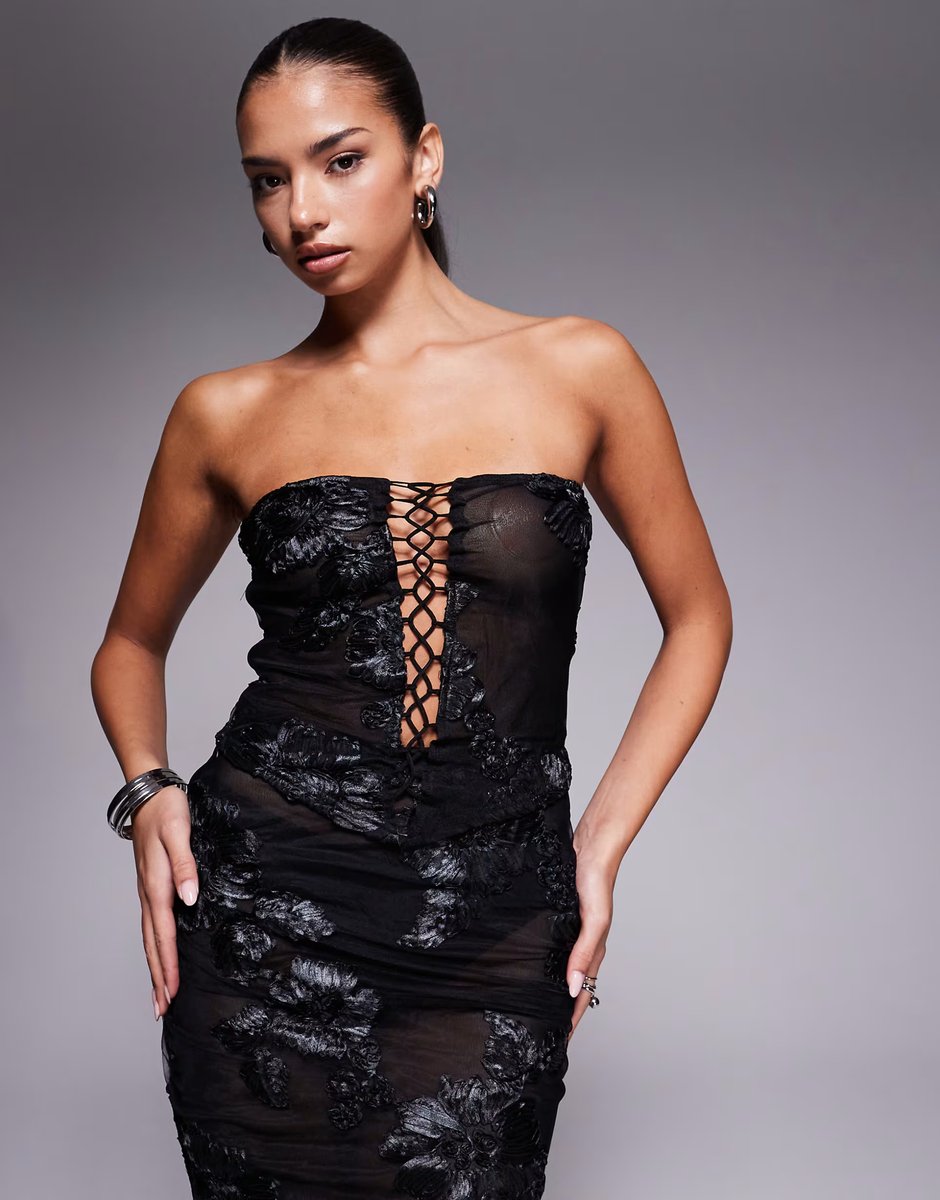 ASOS Murci exclusive mesh bandeau lace up top and maxi skirt co-ord in textured black floral applique - 2