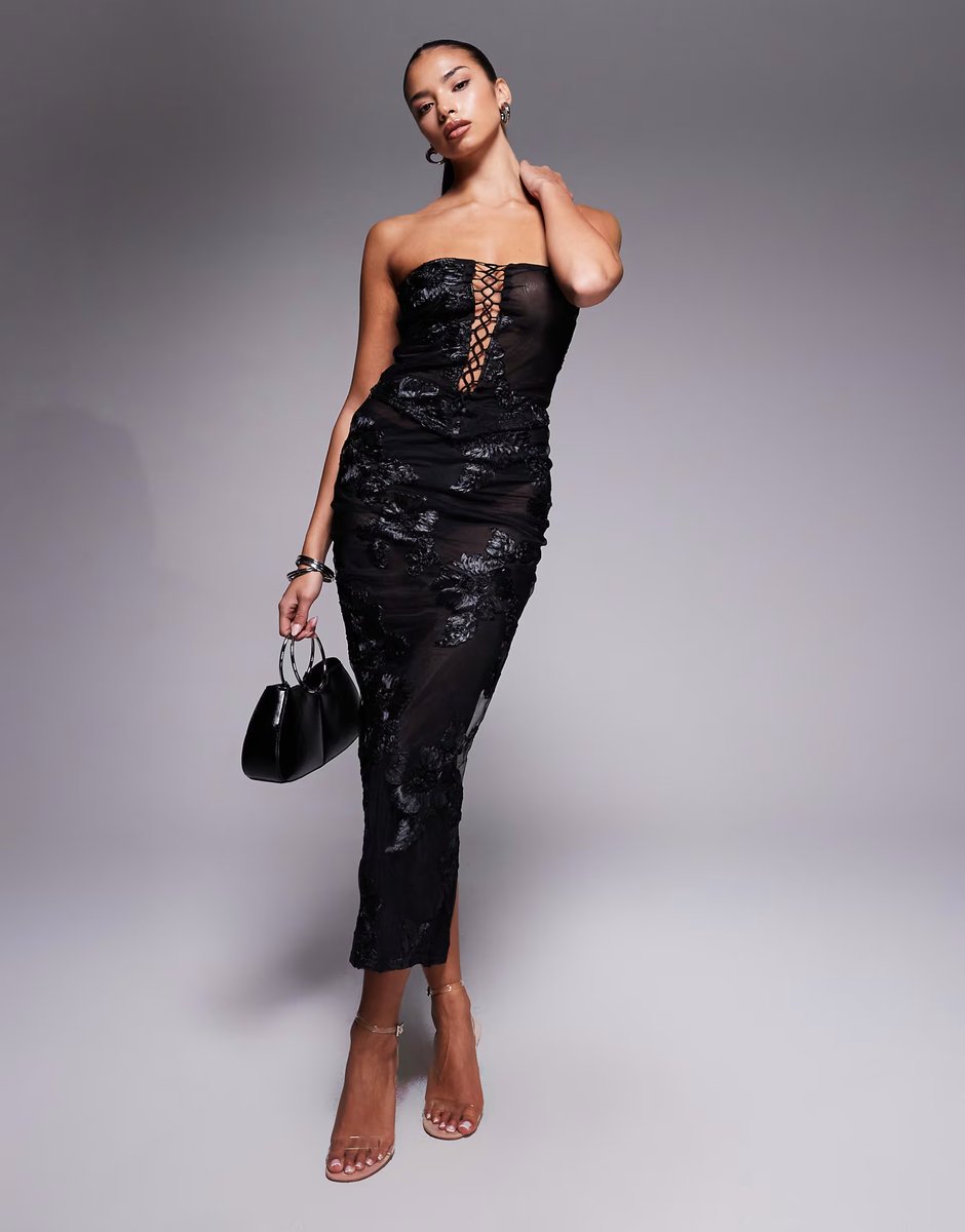 ASOS Murci exclusive mesh bandeau lace up top and maxi skirt co-ord in textured black floral applique - 3