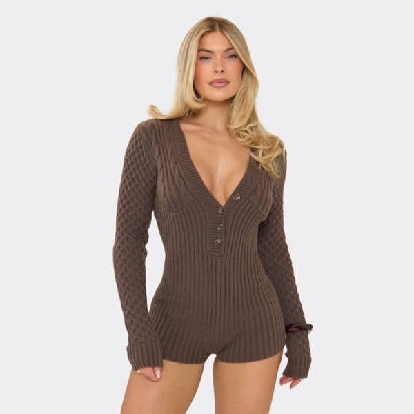 EGO V Neck Button Down Playsuit In Chocolate Brown Cable Knit, Women's Size UK Large L