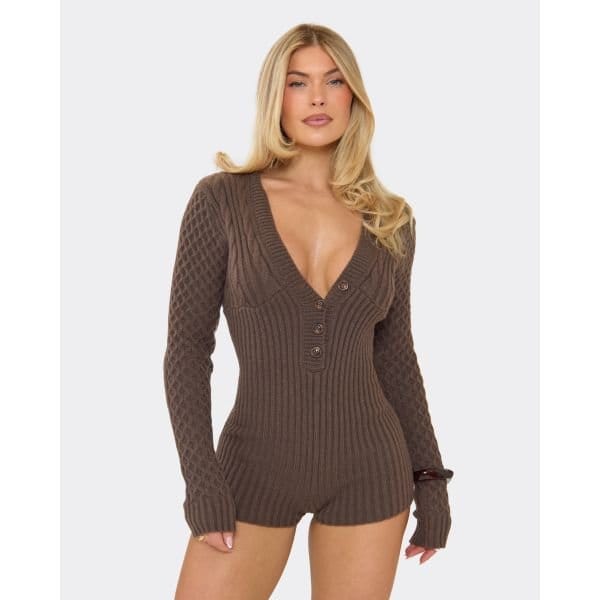 EGO V Neck Button Down Playsuit In Chocolate Brown Cable Knit, Women's Size UK Large L - 2
