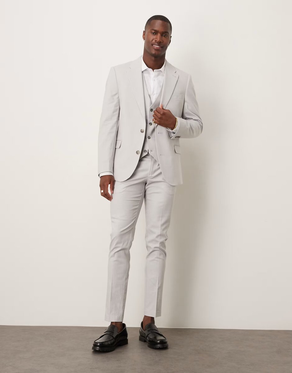 ASOS ASOS DESIGN linen blend skinny suit jacket in grey - 3