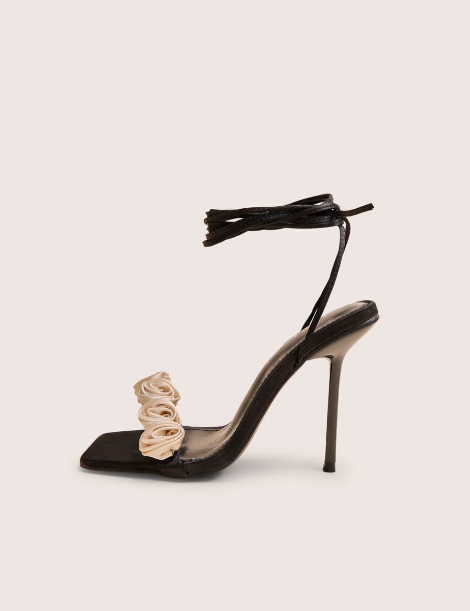 Public Desire Public Desire Black Satin Cream Rose Lace-Up Heels