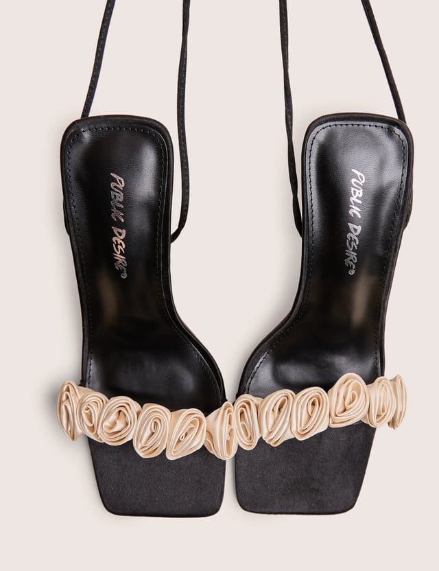 Public Desire Marigold Black Satin Cream Rose Detail Lace Up Heels - 2