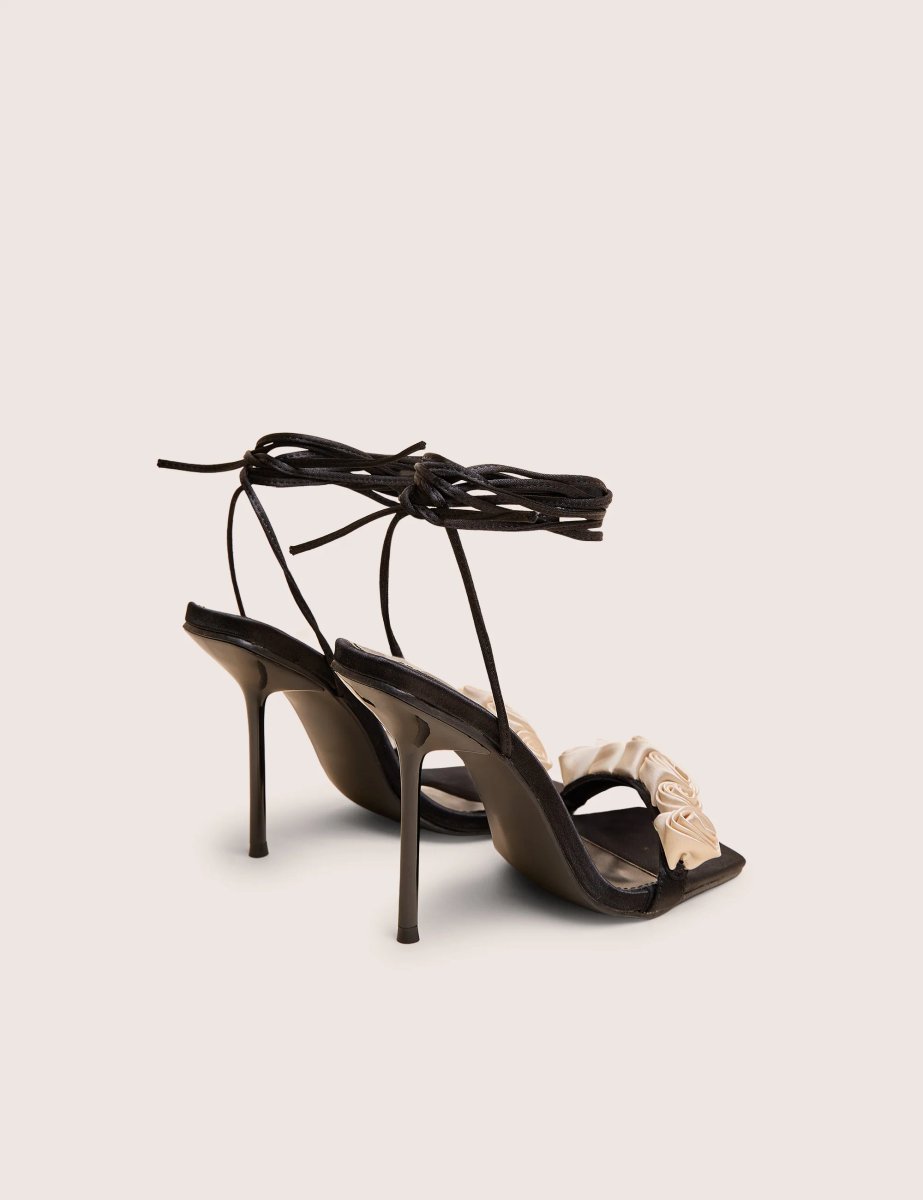 Public Desire Marigold Black Satin Cream Rose Detail Lace Up Heels - 3
