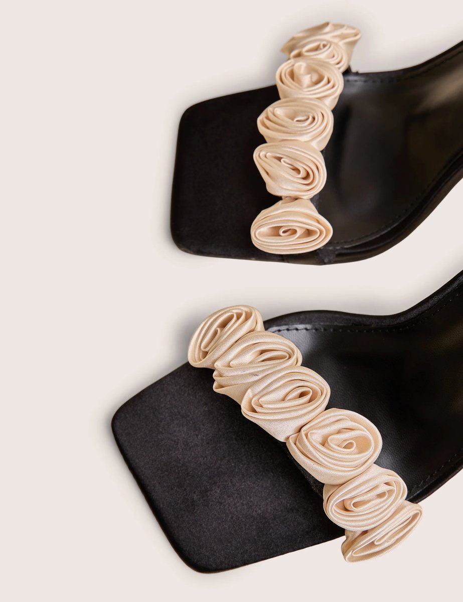 Public Desire Marigold Black Satin Cream Rose Detail Lace Up Heels - 4