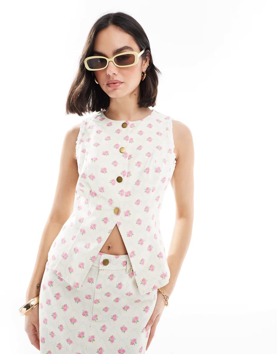 ASOS The Frolic exclusive button through split front denim waistcoat co-ord in cream and pink floral    