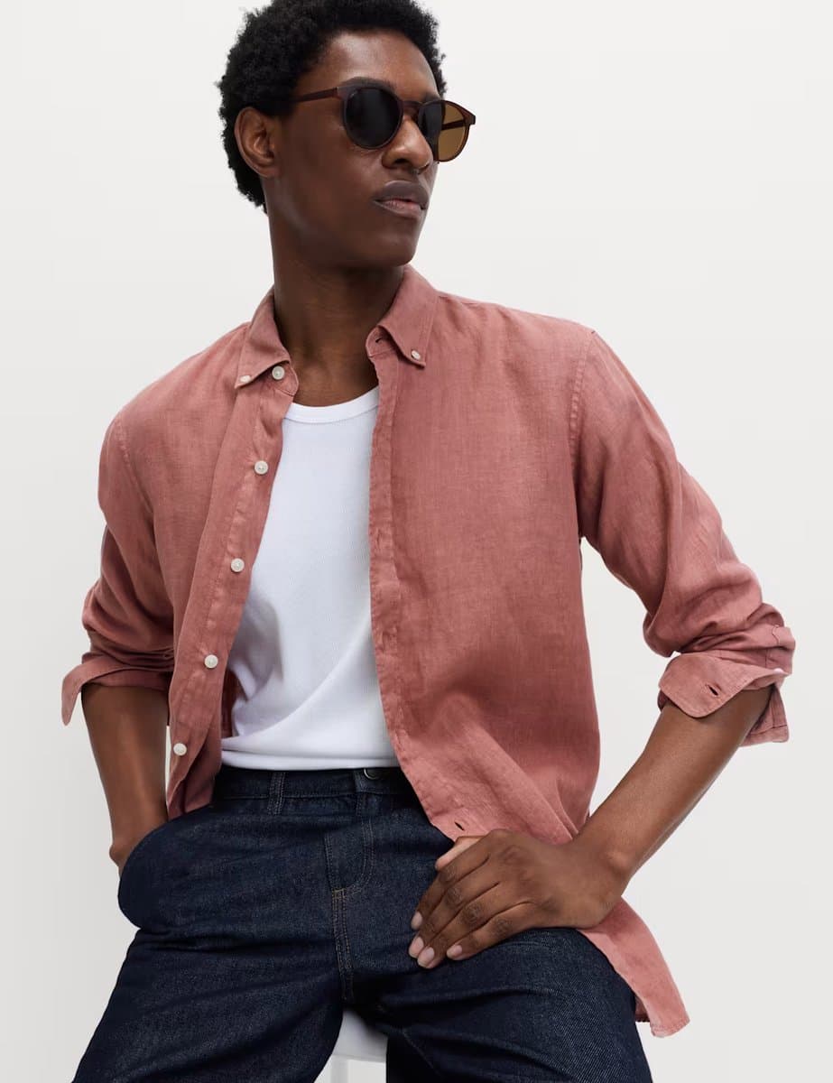 Marks & Spencer M&S Pure Linen Garment Dye Shirt Antique Rose