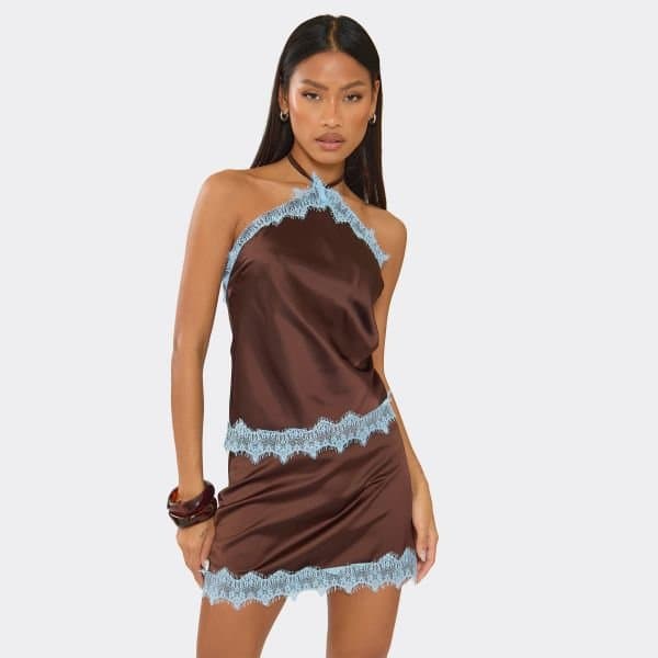 EGO EGO Halterneck Contrast Lace Hem Top in Chocolate Brown