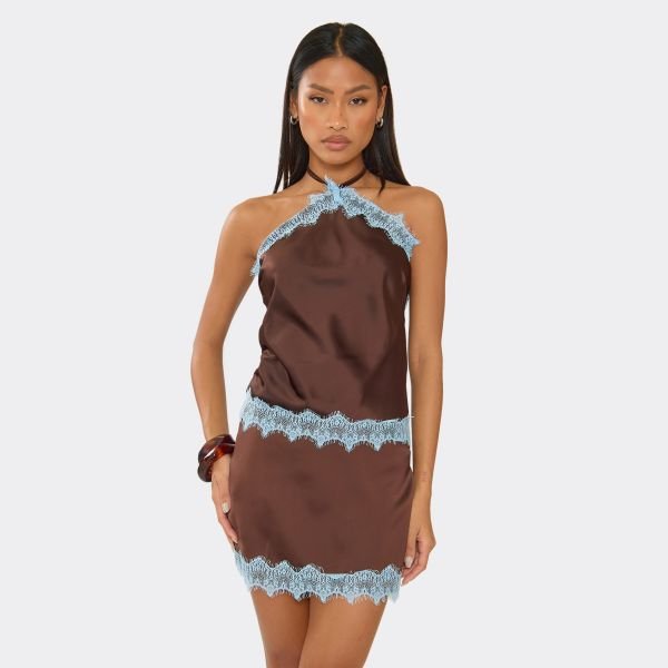 EGO Halterneck Contrast Lace Hem Top In Chocolate Brown, Women's Size UK 6 - 2