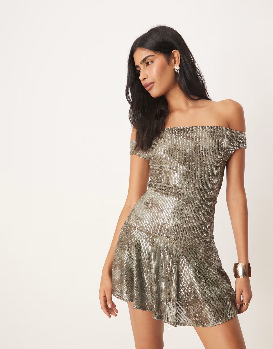 ASOS Motel meden sequin off-shoulder mini dress in silver - 3