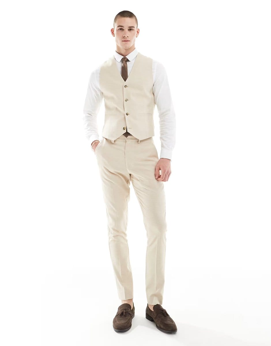 ASOS ASOS DESIGN wedding skinny suit waistcoat in stone - 4
