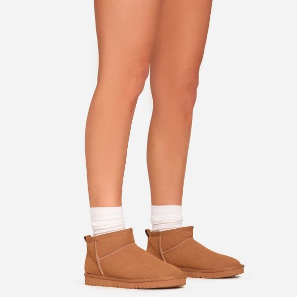 EGO Ultra Mini Ankle Length Faux Fur Lining Boots In Chestnut Brown Faux Suede, Women's Size UK 8 - 1