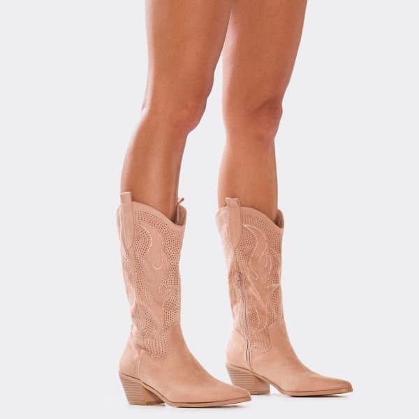 EGO Racing Diamante Embroidered Detail Pointed Toe Mid Calf Western Cowboy Boot In Taupe Faux Suede, Women's Size UK 3