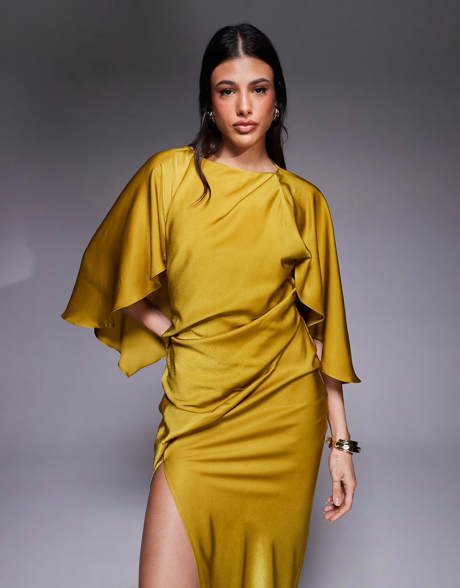 ASOS ASOS DESIGN Tall satin ruffle cape sleeve maxi dress with open back detail and high split in chartreuse - 3