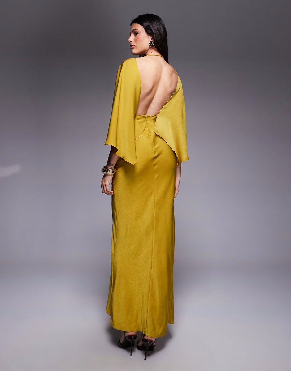 ASOS ASOS DESIGN Tall satin ruffle cape sleeve maxi dress with open back detail and high split in chartreuse - 4