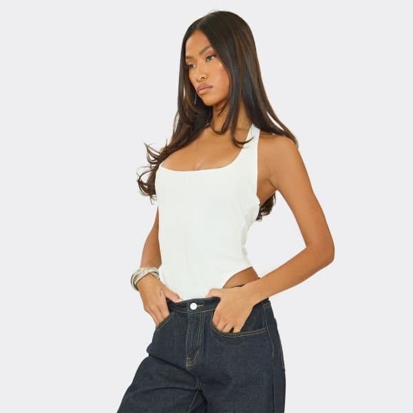 EGO Square Neck Bodysuit In White Bandage, Women's Size UK 6