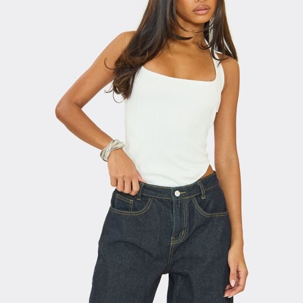 EGO Square Neck Bodysuit In White Bandage, Women's Size UK 6 - 2