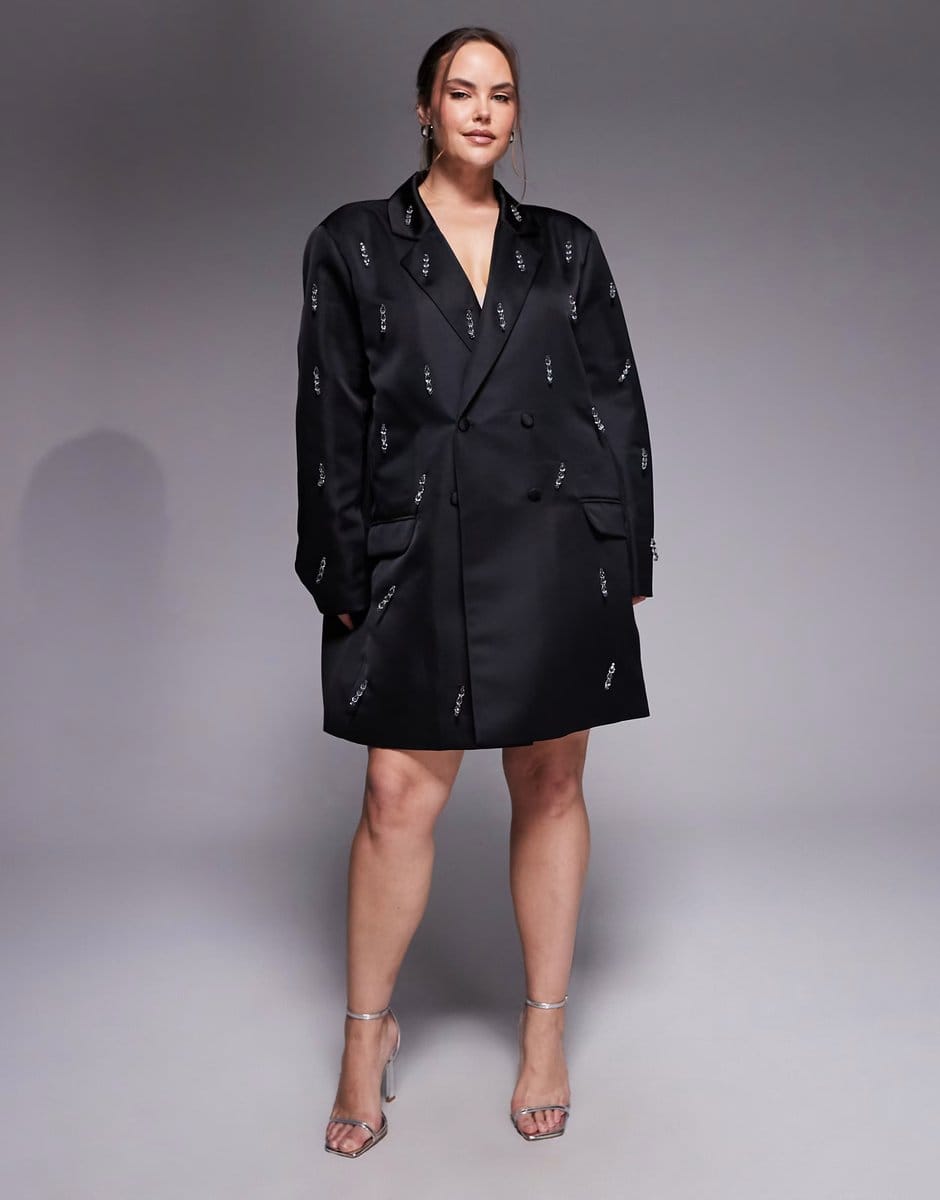 ASOS ASOS LUXE Curve oversized blazer dress with beaded fringe in black - 1