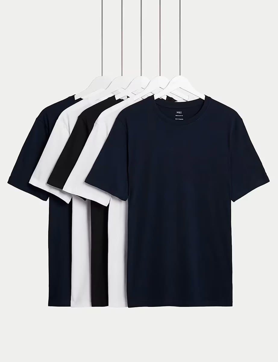 Marks & Spencer M&S 5 Pack Pure Cotton Crew Neck T-Shirts Navy Mix