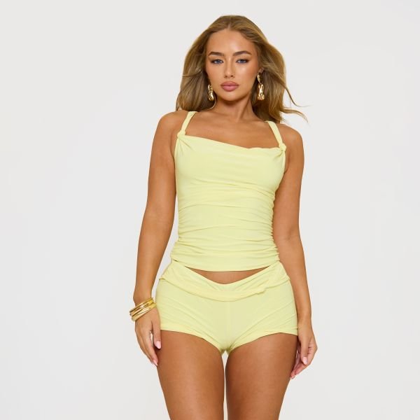 EGO Mid Rise Tie Knot Strap Detail Mini Shorts In Yellow Slinky, Women's Size UK 6 - 2