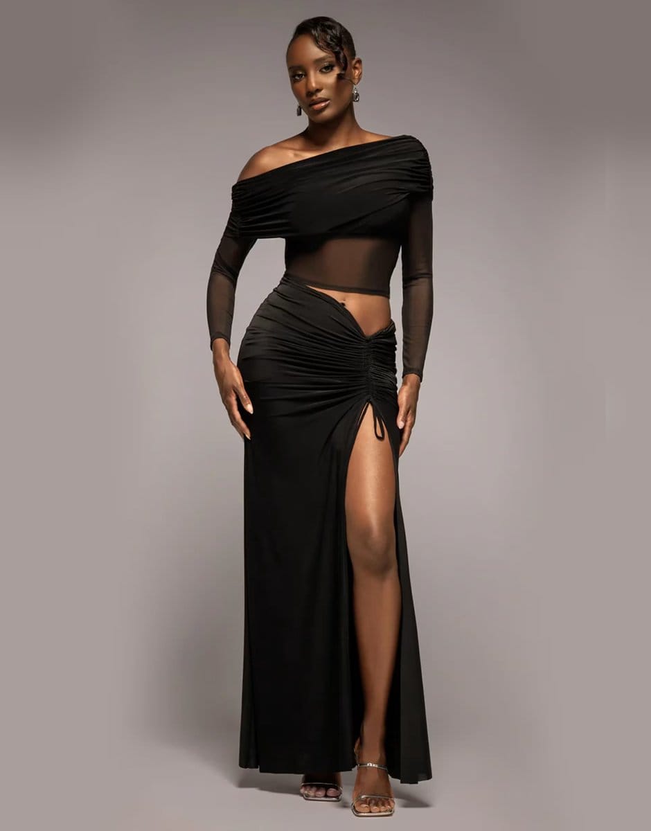 ASOS Goddiva Super split front drawstring maxi skirt in black - 1
